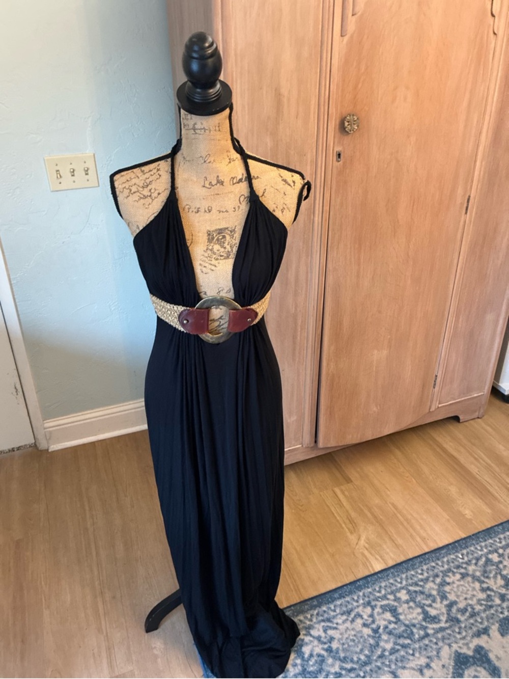 Y2K Sky Black Halter Maxi Dress leather belt ring detail medium